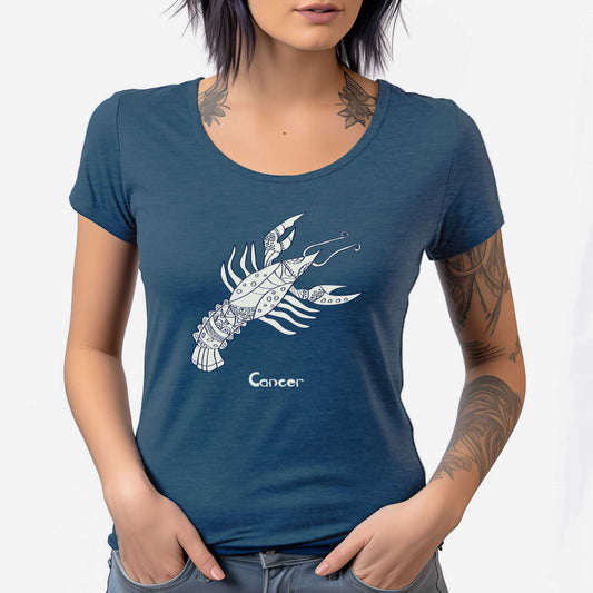 A woman wearing a heathered neptune District 7501 scoop neck t-shirt featuring the zodiac symbol of Cancer, the crayfish, in a Mediterranean style.