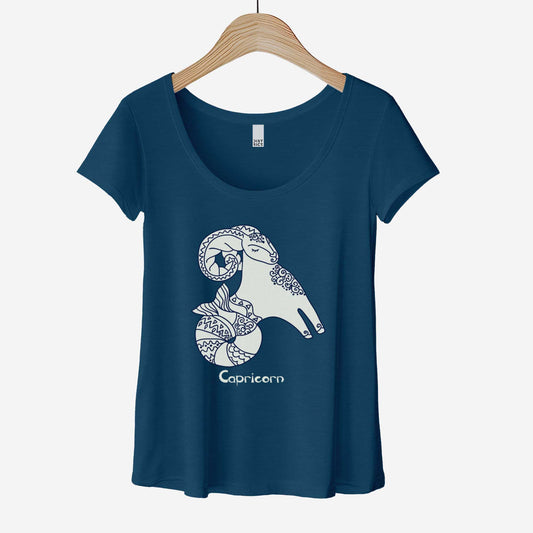A hanging heathered neptune District 7501 scoop neck t-shirt featuring the zodiac symbol of Capricorn, the sea goat, in a Mediterranean style illustration.
