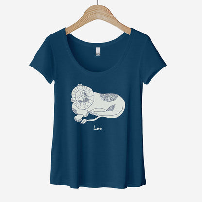 A hanging heathered neptune District 7501 scoop neck t-shirt featuring the zodiac symbol of Leo, the lion, in a Mediterranean style illustration.