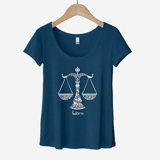 A hanging heathered neptune District 7501 scoop neck t-shirt featuring the zodiac symbol of Libra, the scales, in a Mediterranean style illustration.