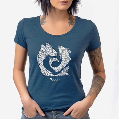 A woman wearing a heathered neptune District 7501 scoop neck t-shirt featuring the zodiac symbol of Pisces, the fish, in a Mediterranean style.