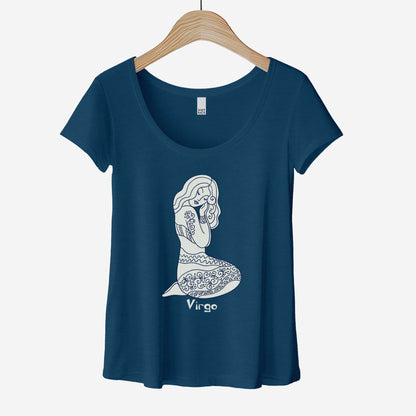 A hanging heathered neptune District 7501 scoop neck t-shirt featuring the zodiac symbol of Virgo, the maiden, in a Mediterranean style.
