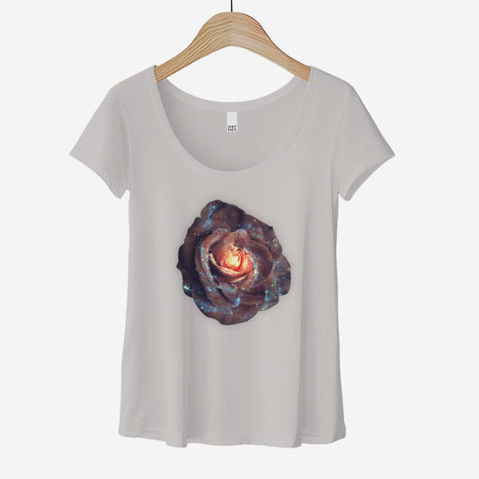 A hanging silver mist District 7501 scoop neck t-shirt featuring a celestial image of the galaxy shaped into a rose.