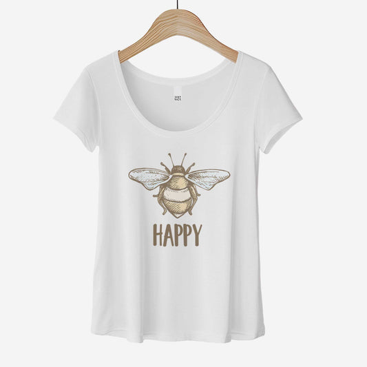 A hanging white District 7501 scoop neck t-shirt featuring a vintage style illustration of a bee with soft muted colors of yellow, blue and brown.