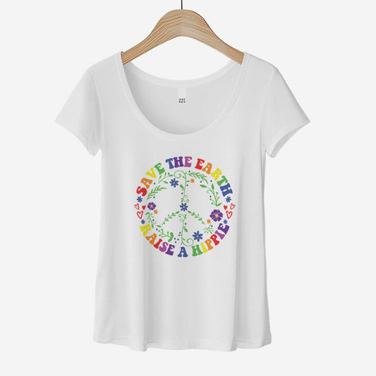 A hanging white District 7501 scoop neck t-shirt featuring a multi-colored peace sign made of flowers and the words save the earth raise a hippie.