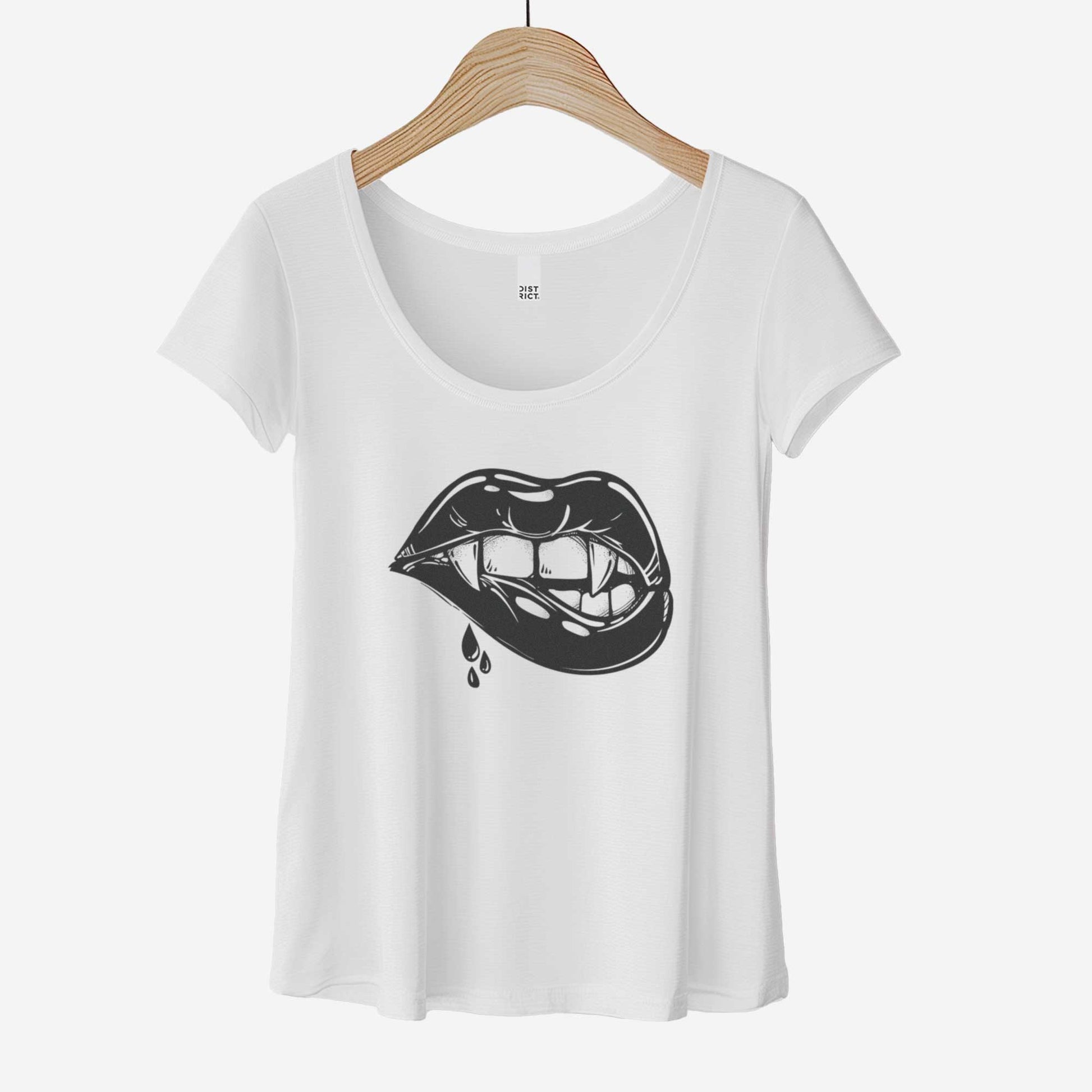 A hanging white District 7501 scoop neck t-shirt featuring a pair of female vampire lips biting down and drawing blood.