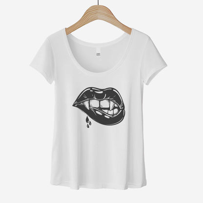 A hanging white District 7501 scoop neck t-shirt featuring a pair of female vampire lips biting down and drawing blood.