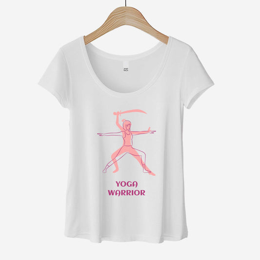 A hanging white District scoop neck tee featuring a silhouette of a woman in the warrior pose with the words yoga warrior below it.