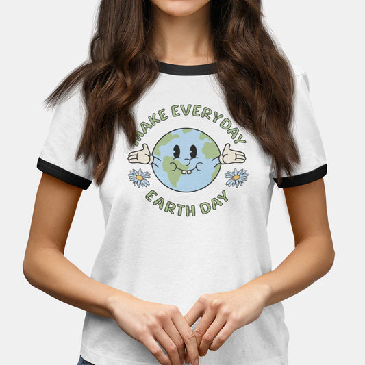 A woman wearing a classic ringer t-shirt featuring a cartoon Earth and the words make everyday earth day.