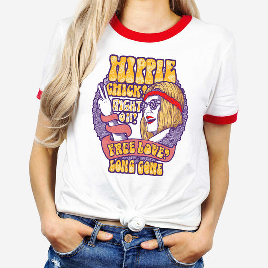 A woman wearing a white with red band classic ringer t-shirt featuring a 70's hippie woman flashing a peace sign with the words hippie chick right on free love long gone.