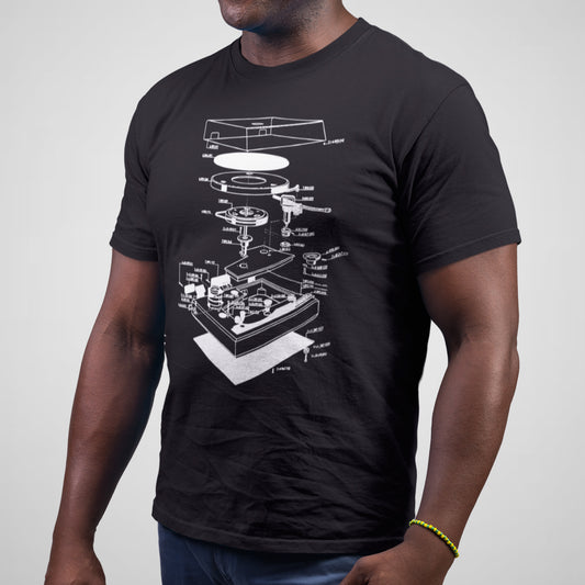 Record Player Diagram (White Ink) - Adult Unisex Jersey Crew Tee