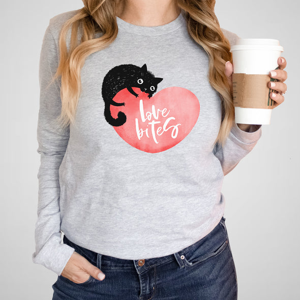 Love Bites, Cat Fangs, Heart - Adult Unisex Long Sleeve Cotton/Poly Tee
