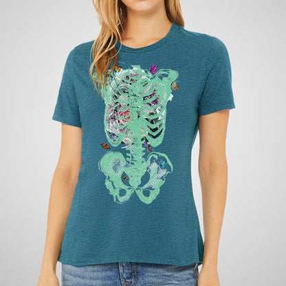 Spring Skeleton, Rib Cage, Floral - Women's Relaxed Cotton/Poly Tee