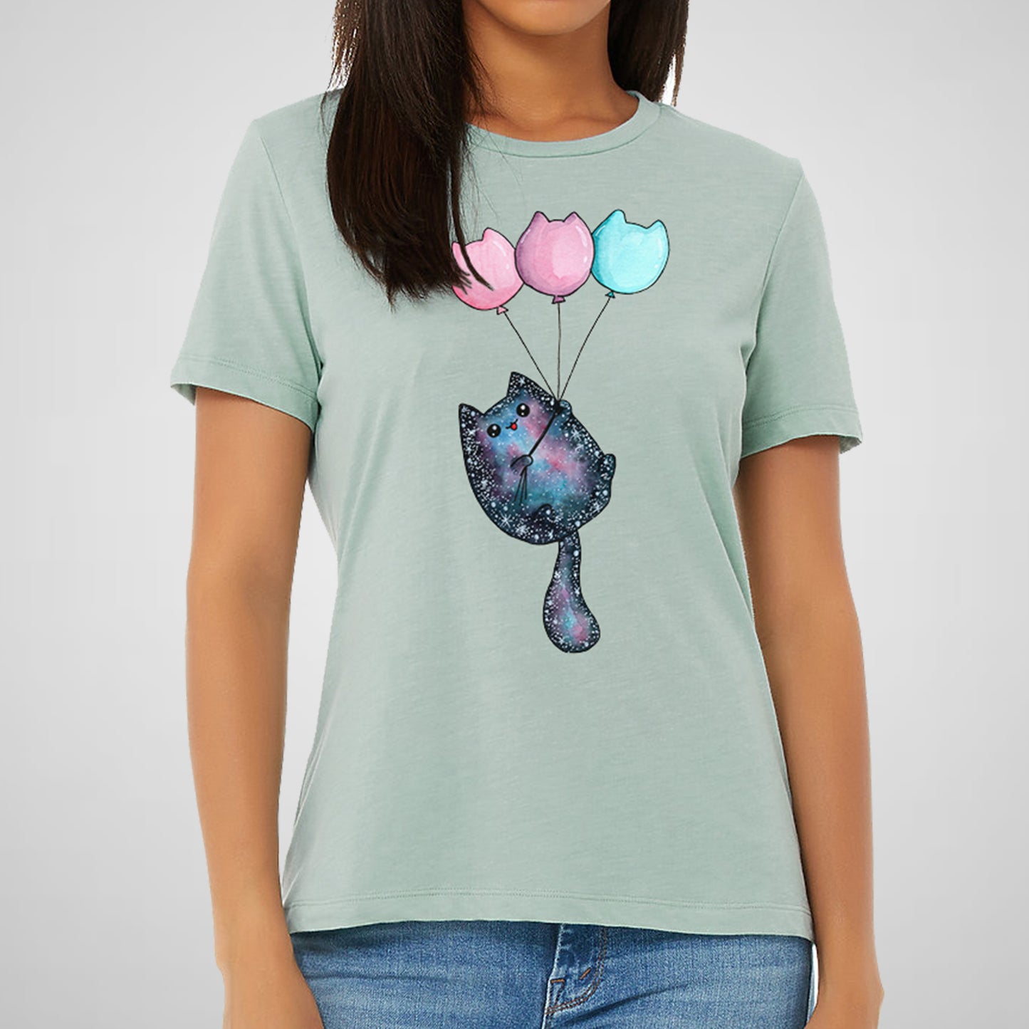 Cosmic Cat, Balloon Flight, Cute - Women's Relaxed Cotton/Poly Tee
