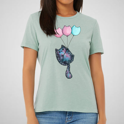 Cosmic Cat, Balloon Flight, Cute - Women's Relaxed Cotton/Poly Tee
