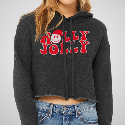 Holly Jolly Smiley Face - Women's Cropped Fleece Hoodie