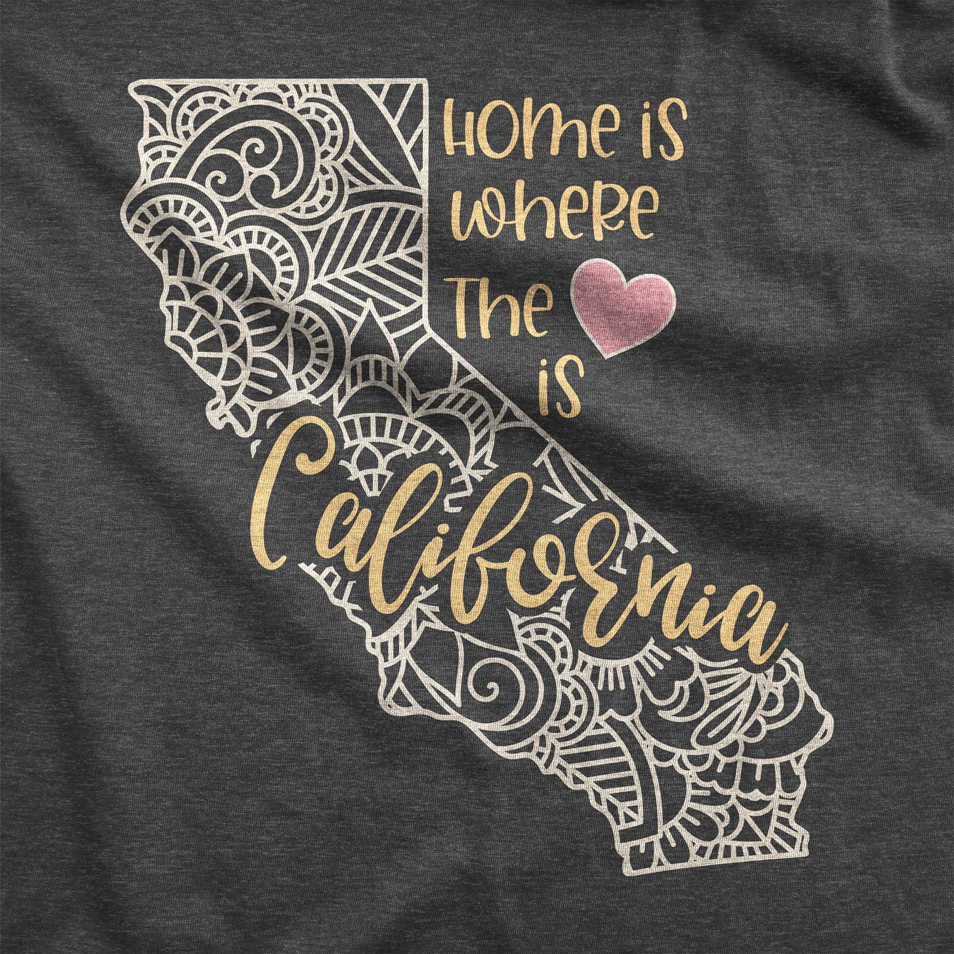 A dark grey heather Bella Canvas swatch featuring a mandala in the shape of California with the words home is where the heart is.