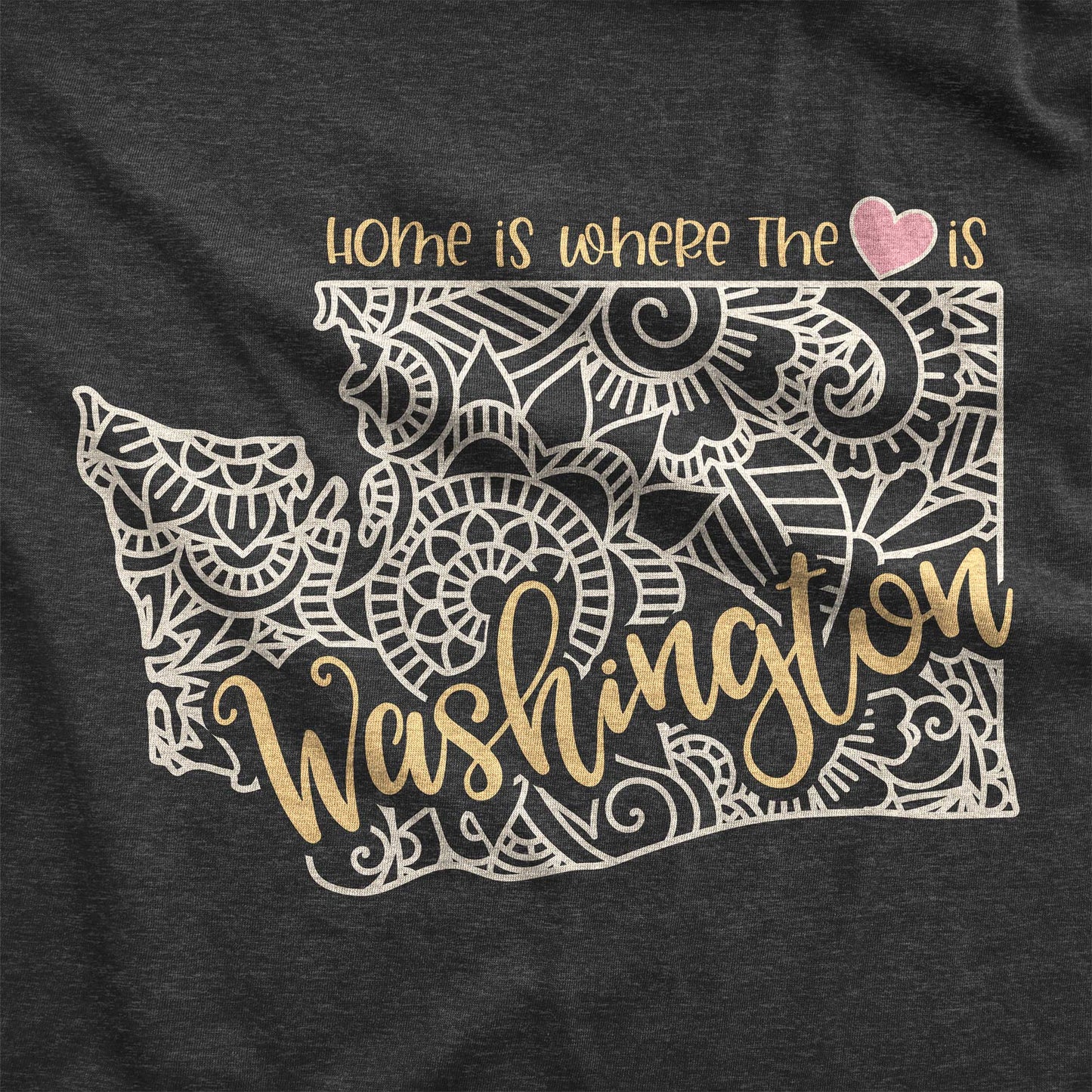A dark grey heather Bella Canvas swatch featuring a mandala in the shape of Washington with the words home is where the heart is.
