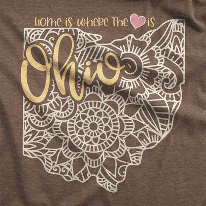 A heather brown Bella Canvas swatch featuring a mandala in the shape of Ohio with the words home is where the heart is.