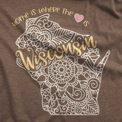 A heather brown Bella Canvas switch featuring a mandala in the shape of Wisconsin with the words home is where the heart is.