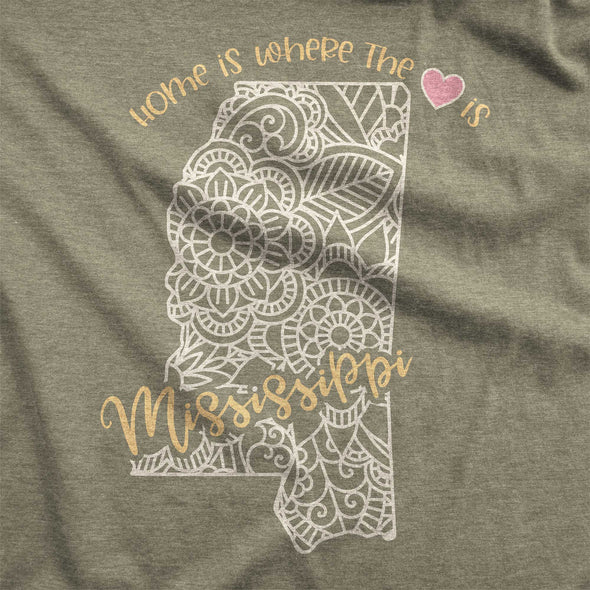 Mississippi: Home is Where the Heart Is - Adult Unisex Jersey Crew Tee