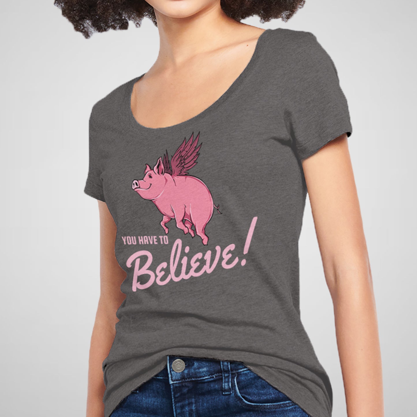 Believe, Funny Flying Pig - Women’s Flex Scoop Neck Tee