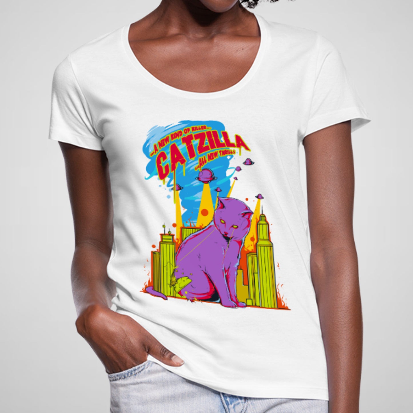 Catzilla, Giant Cat Monster - Women’s Flex Scoop Neck Tee