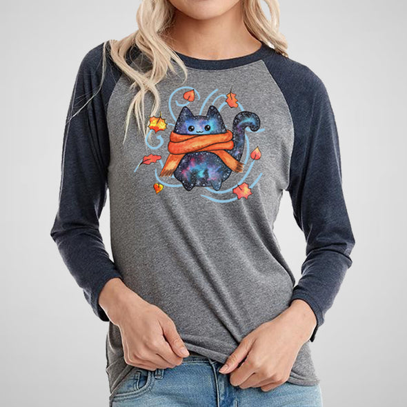 Autumn Cosmic Cat in Vintage Navy/Grey | Adult/Unisex Triblend Raglan Graphic Tee